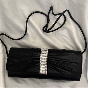 GUNNE SAX Black Satin Rhinestone Clutch with Shoulder Strap